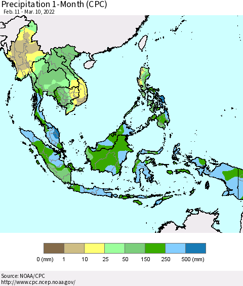 South East Asia Precipitation 1-Month (CPC) Thematic Map For 2/11/2022 - 3/10/2022