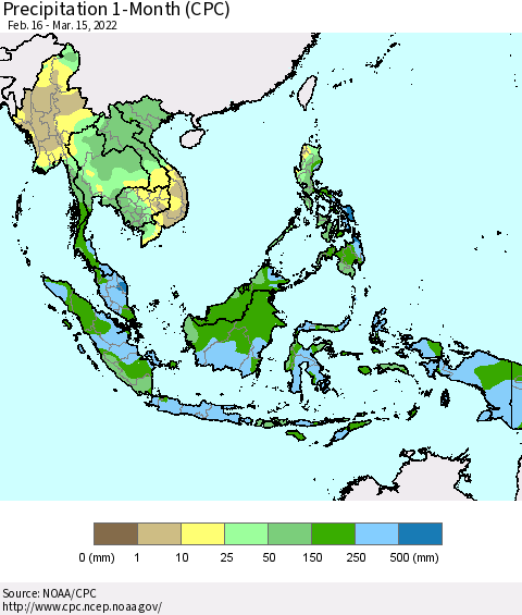 South East Asia Precipitation 1-Month (CPC) Thematic Map For 2/16/2022 - 3/15/2022