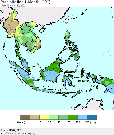 South East Asia Precipitation 1-Month (CPC) Thematic Map For 2/21/2022 - 3/20/2022