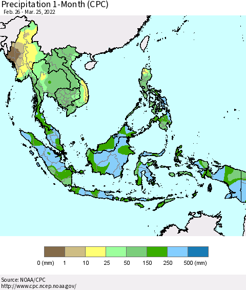 South East Asia Precipitation 1-Month (CPC) Thematic Map For 2/26/2022 - 3/25/2022