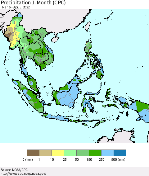South East Asia Precipitation 1-Month (CPC) Thematic Map For 3/6/2022 - 4/5/2022