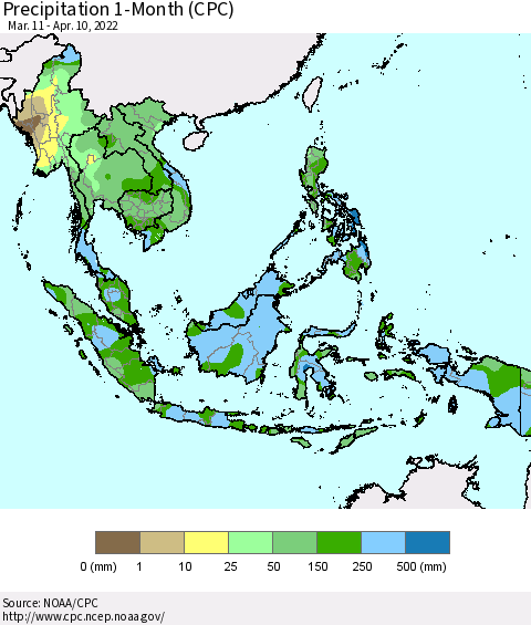 South East Asia Precipitation 1-Month (CPC) Thematic Map For 3/11/2022 - 4/10/2022
