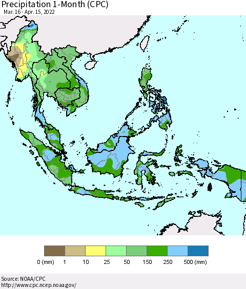 South East Asia Precipitation 1-Month (CPC) Thematic Map For 3/16/2022 - 4/15/2022