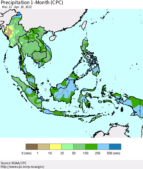 South East Asia Precipitation 1-Month (CPC) Thematic Map For 3/21/2022 - 4/20/2022