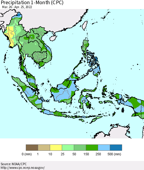 South East Asia Precipitation 1-Month (CPC) Thematic Map For 3/26/2022 - 4/25/2022