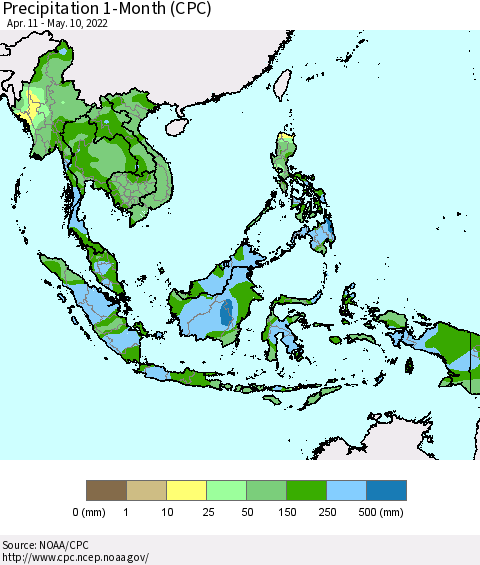South East Asia Precipitation 1-Month (CPC) Thematic Map For 4/11/2022 - 5/10/2022