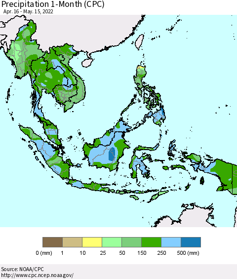 South East Asia Precipitation 1-Month (CPC) Thematic Map For 4/16/2022 - 5/15/2022