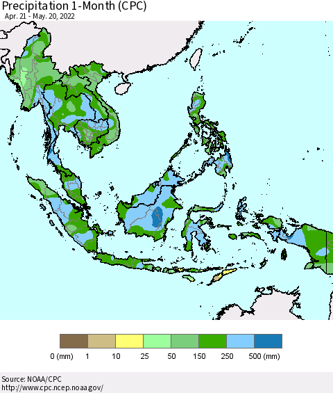 South East Asia Precipitation 1-Month (CPC) Thematic Map For 4/21/2022 - 5/20/2022