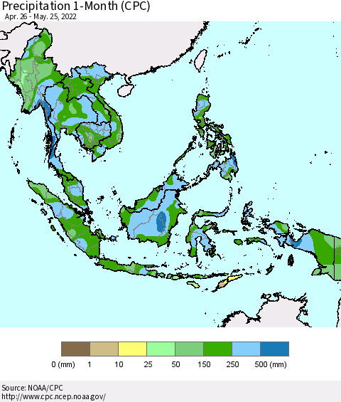South East Asia Precipitation 1-Month (CPC) Thematic Map For 4/26/2022 - 5/25/2022