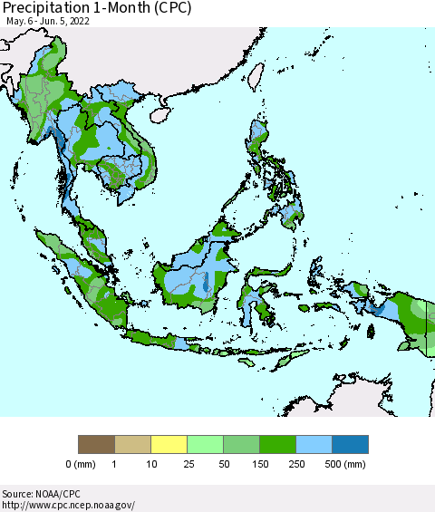 South East Asia Precipitation 1-Month (CPC) Thematic Map For 5/6/2022 - 6/5/2022