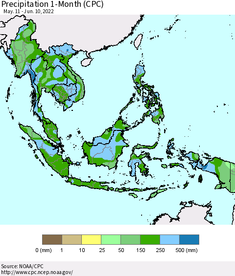 South East Asia Precipitation 1-Month (CPC) Thematic Map For 5/11/2022 - 6/10/2022