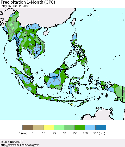 South East Asia Precipitation 1-Month (CPC) Thematic Map For 5/16/2022 - 6/15/2022