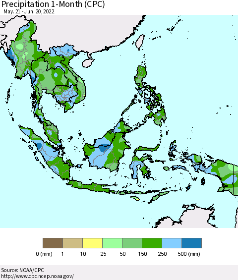South East Asia Precipitation 1-Month (CPC) Thematic Map For 5/21/2022 - 6/20/2022