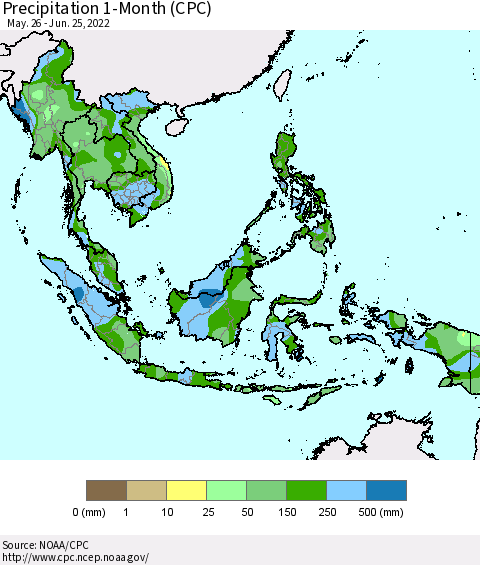 South East Asia Precipitation 1-Month (CPC) Thematic Map For 5/26/2022 - 6/25/2022