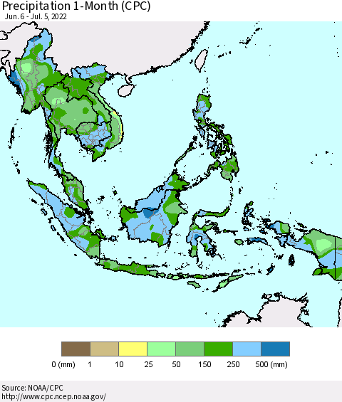South East Asia Precipitation 1-Month (CPC) Thematic Map For 6/6/2022 - 7/5/2022