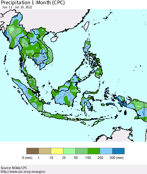 South East Asia Precipitation 1-Month (CPC) Thematic Map For 6/11/2022 - 7/10/2022