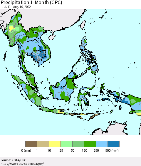 South East Asia Precipitation 1-Month (CPC) Thematic Map For 7/11/2022 - 8/10/2022