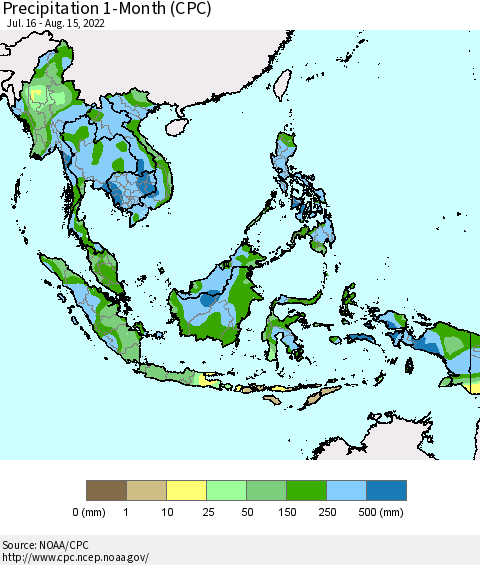 South East Asia Precipitation 1-Month (CPC) Thematic Map For 7/16/2022 - 8/15/2022