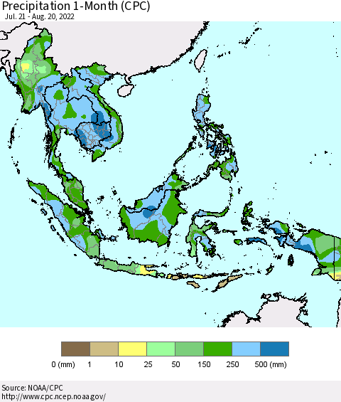 South East Asia Precipitation 1-Month (CPC) Thematic Map For 7/21/2022 - 8/20/2022