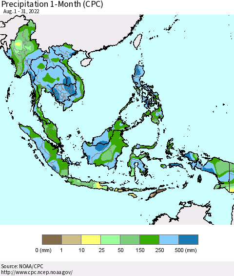 South East Asia Precipitation 1-Month (CPC) Thematic Map For 8/1/2022 - 8/31/2022
