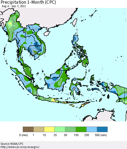 South East Asia Precipitation 1-Month (CPC) Thematic Map For 8/6/2022 - 9/5/2022