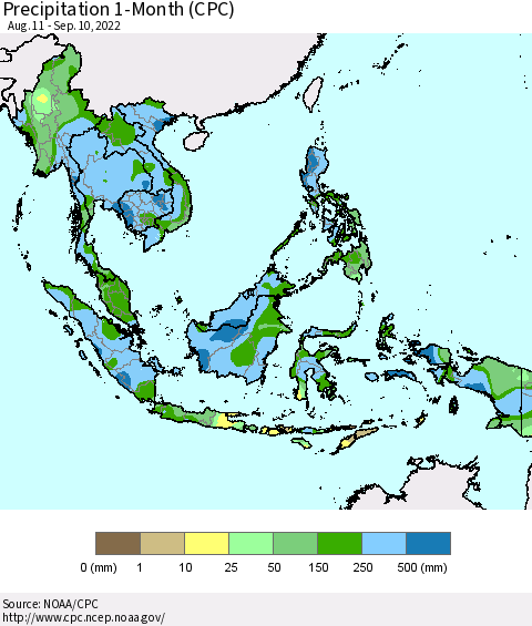 South East Asia Precipitation 1-Month (CPC) Thematic Map For 8/11/2022 - 9/10/2022