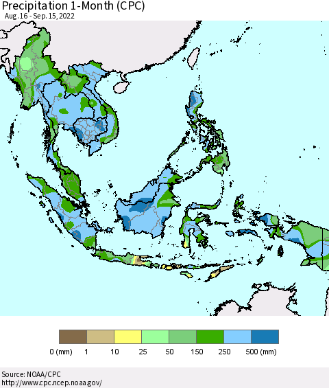 South East Asia Precipitation 1-Month (CPC) Thematic Map For 8/16/2022 - 9/15/2022