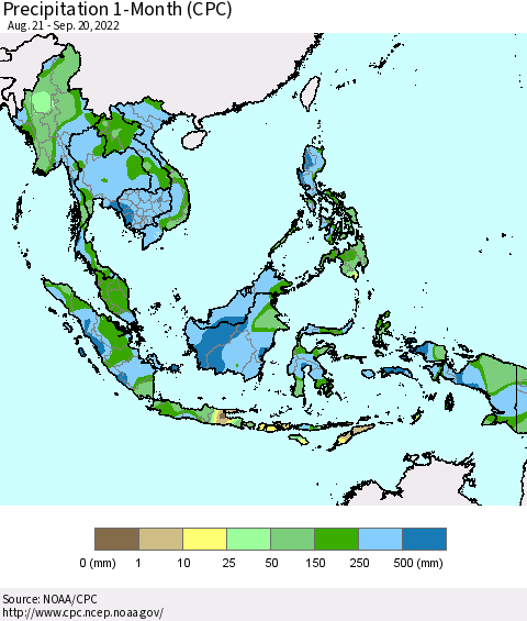 South East Asia Precipitation 1-Month (CPC) Thematic Map For 8/21/2022 - 9/20/2022