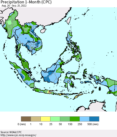 South East Asia Precipitation 1-Month (CPC) Thematic Map For 8/26/2022 - 9/25/2022