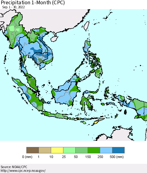 South East Asia Precipitation 1-Month (CPC) Thematic Map For 9/1/2022 - 9/30/2022