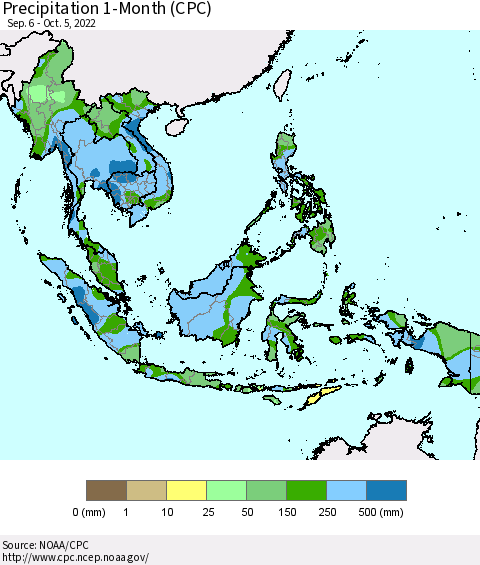 South East Asia Precipitation 1-Month (CPC) Thematic Map For 9/6/2022 - 10/5/2022