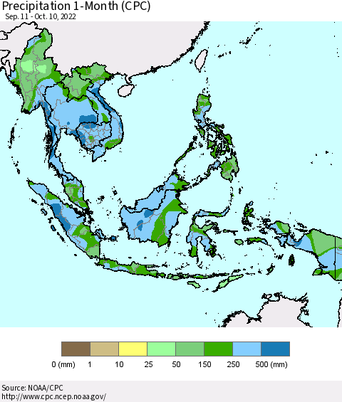 South East Asia Precipitation 1-Month (CPC) Thematic Map For 9/11/2022 - 10/10/2022
