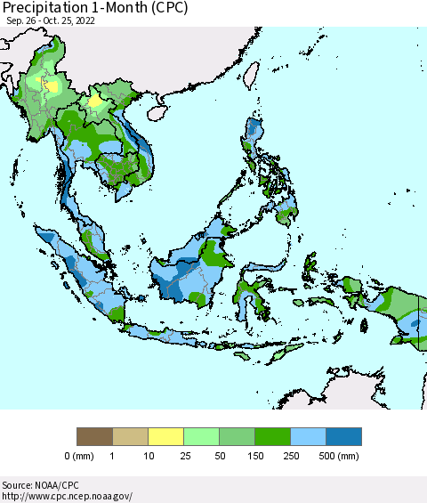 South East Asia Precipitation 1-Month (CPC) Thematic Map For 9/26/2022 - 10/25/2022