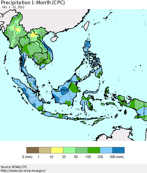 South East Asia Precipitation 1-Month (CPC) Thematic Map For 10/1/2022 - 10/31/2022