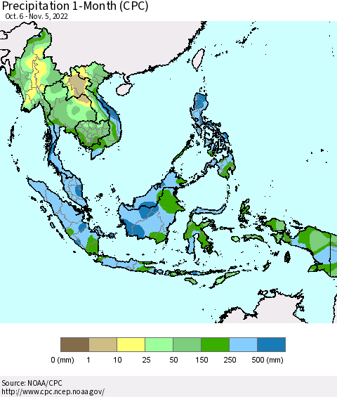 South East Asia Precipitation 1-Month (CPC) Thematic Map For 10/6/2022 - 11/5/2022