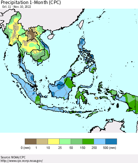 South East Asia Precipitation 1-Month (CPC) Thematic Map For 10/11/2022 - 11/10/2022