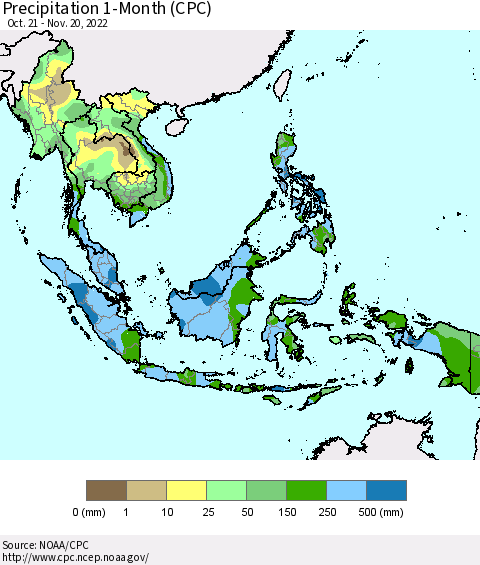 South East Asia Precipitation 1-Month (CPC) Thematic Map For 10/21/2022 - 11/20/2022