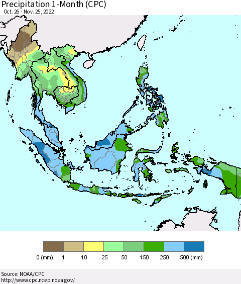 South East Asia Precipitation 1-Month (CPC) Thematic Map For 10/26/2022 - 11/25/2022