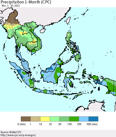 South East Asia Precipitation 1-Month (CPC) Thematic Map For 11/1/2022 - 11/30/2022