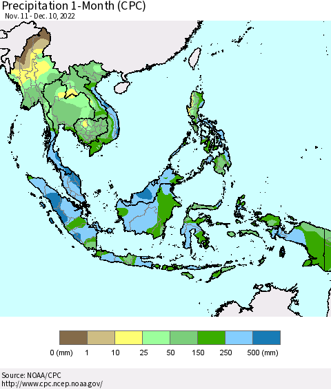 South East Asia Precipitation 1-Month (CPC) Thematic Map For 11/11/2022 - 12/10/2022