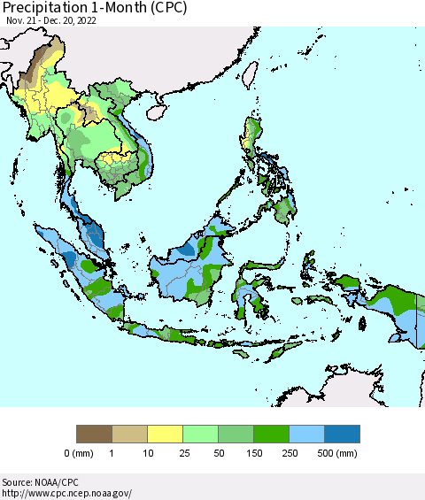 South East Asia Precipitation 1-Month (CPC) Thematic Map For 11/21/2022 - 12/20/2022