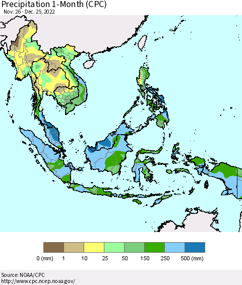 South East Asia Precipitation 1-Month (CPC) Thematic Map For 11/26/2022 - 12/25/2022