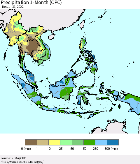 South East Asia Precipitation 1-Month (CPC) Thematic Map For 12/1/2022 - 12/31/2022