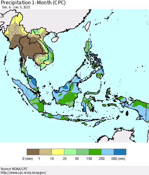 South East Asia Precipitation 1-Month (CPC) Thematic Map For 12/6/2022 - 1/5/2023