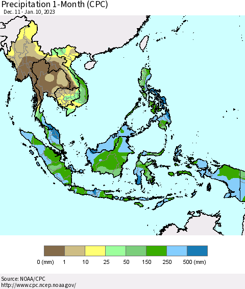 South East Asia Precipitation 1-Month (CPC) Thematic Map For 12/11/2022 - 1/10/2023