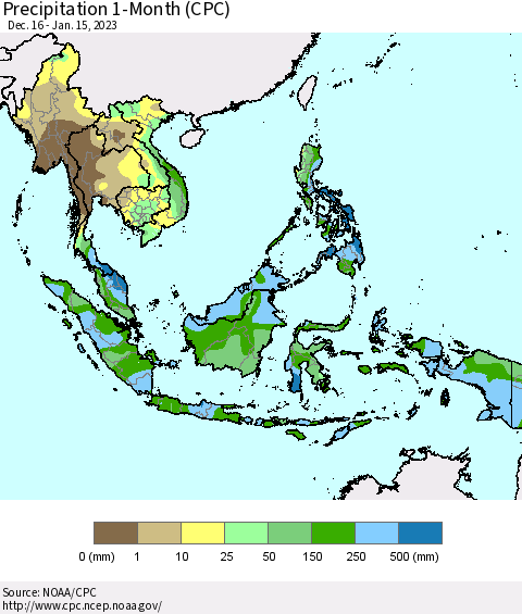 South East Asia Precipitation 1-Month (CPC) Thematic Map For 12/16/2022 - 1/15/2023