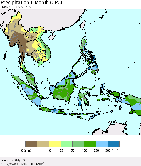 South East Asia Precipitation 1-Month (CPC) Thematic Map For 12/21/2022 - 1/20/2023