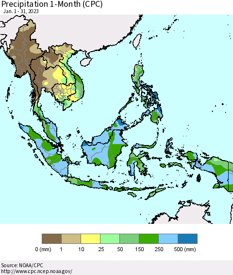 South East Asia Precipitation 1-Month (CPC) Thematic Map For 1/1/2023 - 1/31/2023