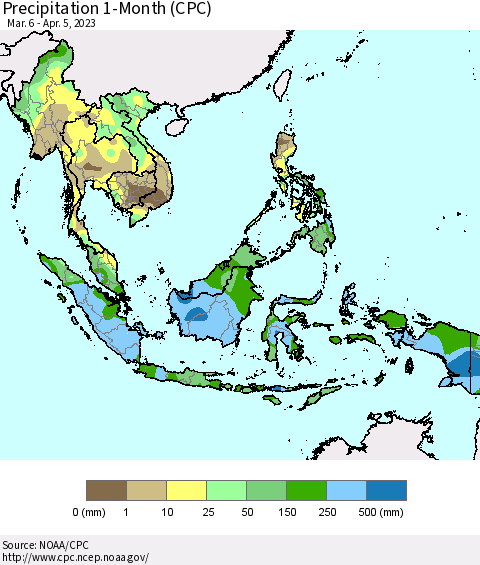 South East Asia Precipitation 1-Month (CPC) Thematic Map For 3/6/2023 - 4/5/2023