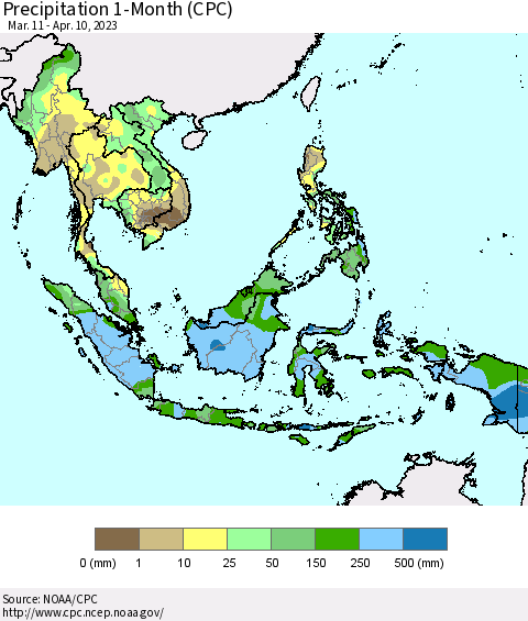 South East Asia Precipitation 1-Month (CPC) Thematic Map For 3/11/2023 - 4/10/2023